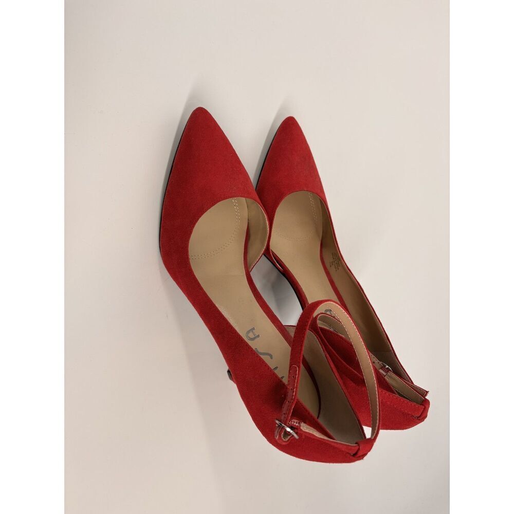 Red Suede Ankle Strap Heels | Pointed Toe Stiletto Pumps - Picture 2 of 7
